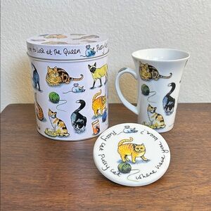 NWOT 2008 Pussycat London Queen Cat Kitten Tea Coffee Cup + Coaster Tin Gift Set